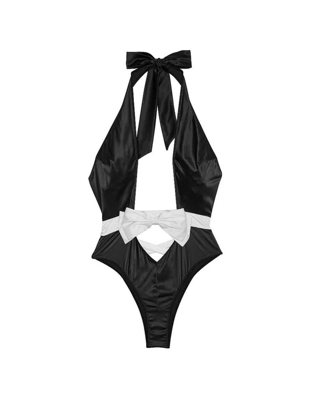 NWT Victoria's Secret Black and White Bow-Accent Halter One-Piece Teddy XS